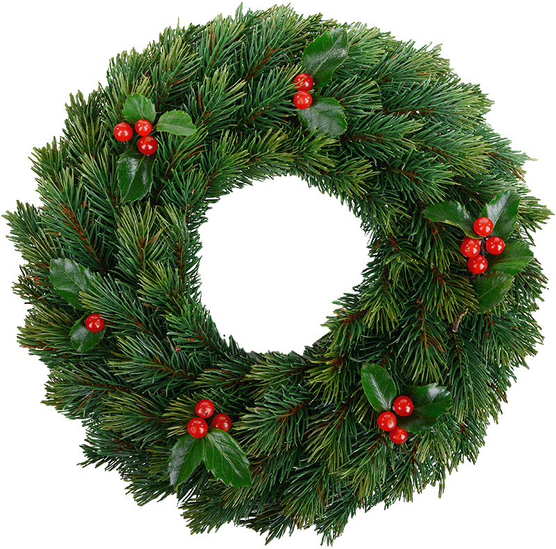 Holiday wreath with evergreens and holly berries